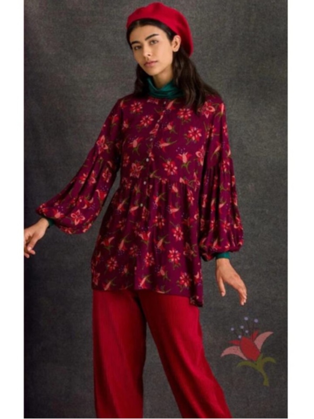 Gudrun Sjoden Amaryllis Tunic Button Down Balloon Sleeves Size Large